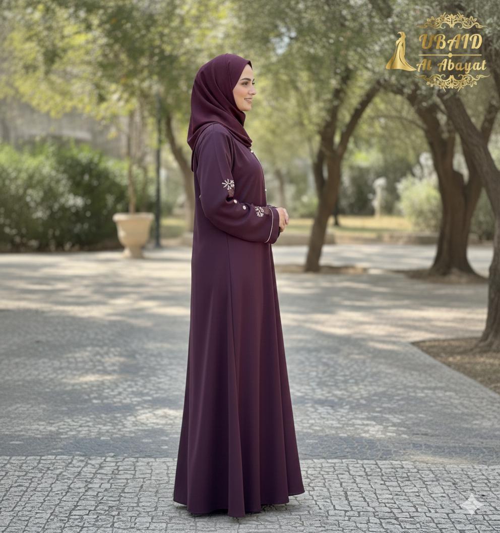 The Plum Elegance Abaya – Premium Nida with Sleeve Embroidery
