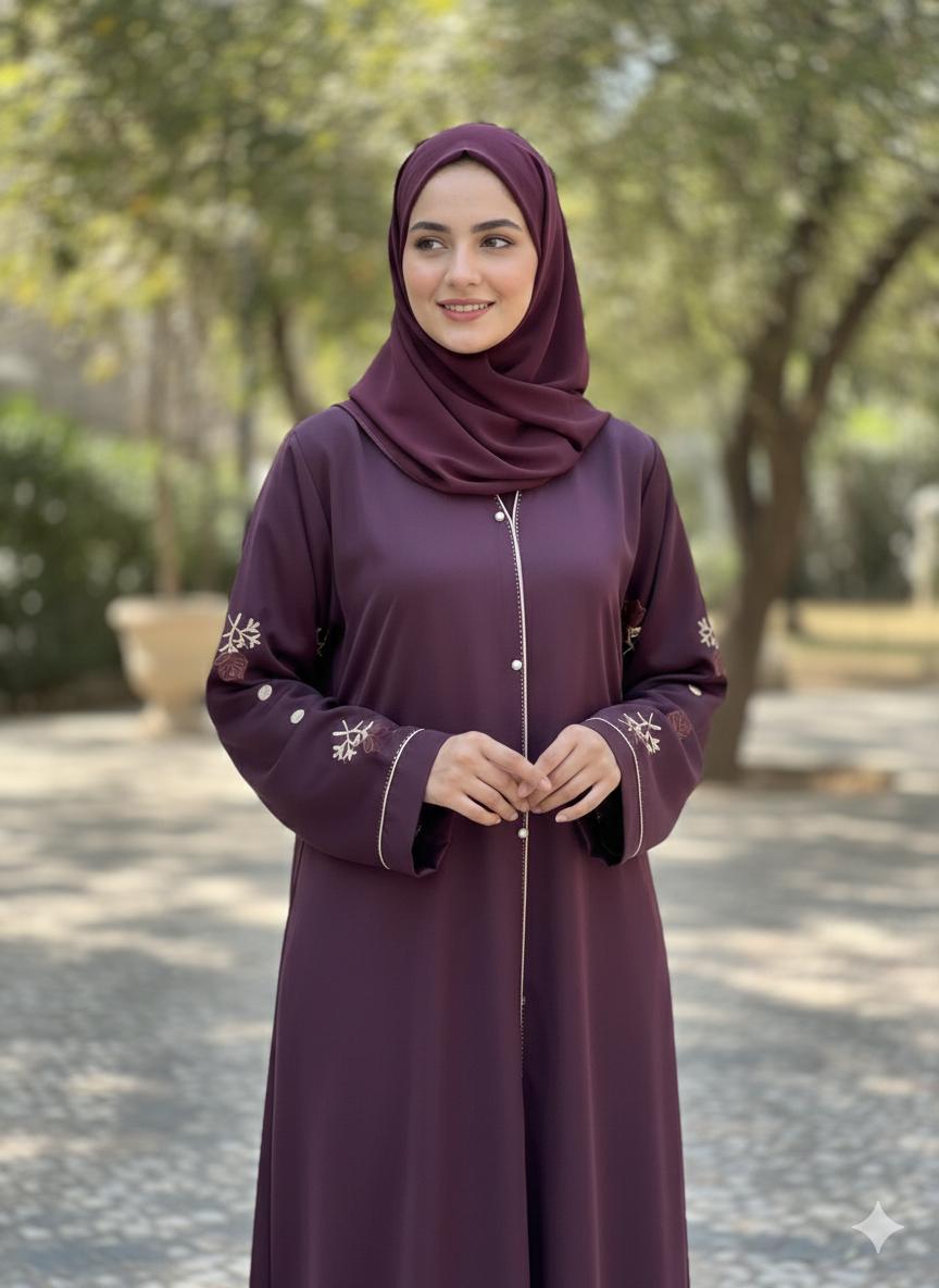 The Plum Elegance Abaya – Premium Nida with Sleeve Embroidery