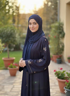 The Sapphire Bloom Abaya – Premium Nida with Sleeve Embroidery