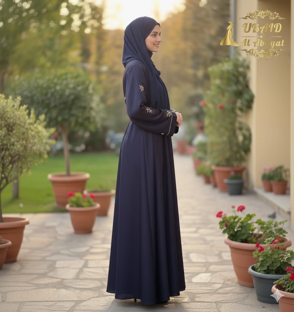 The Sapphire Bloom Abaya – Premium Nida with Sleeve Embroidery