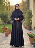 The Sapphire Bloom Abaya – Premium Nida with Sleeve Embroidery