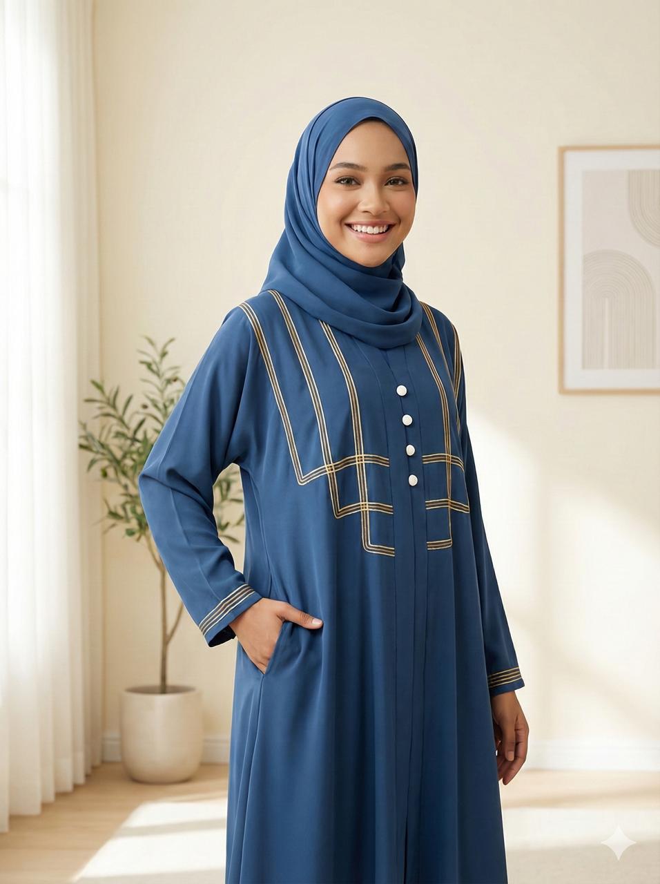 The Triple Grace Abaya (Steel Blue Edition With Dori Work)