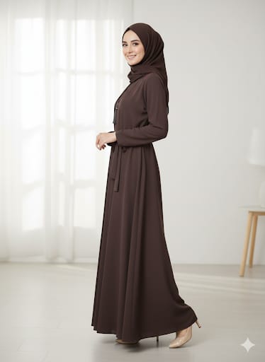 Modren Flared Abaya- Brown_tassel